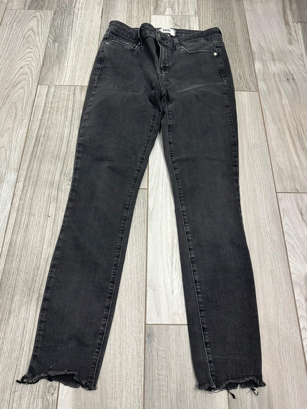 PAIGE Black High-Rise Straight Jeans with Frayed Ankles